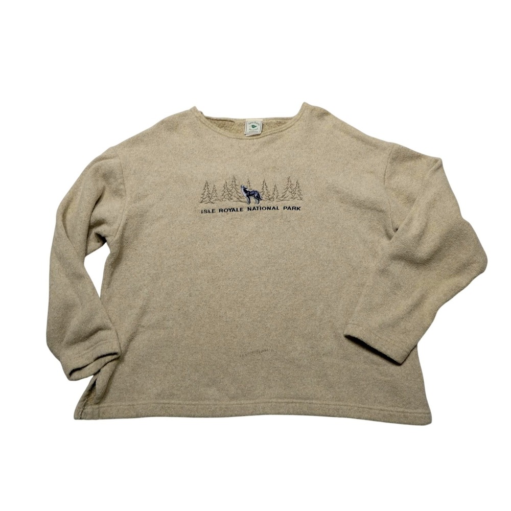 Green Brand Sweater Womens XL Beige Isle Royale National Park Wolf Knit Crewneck
